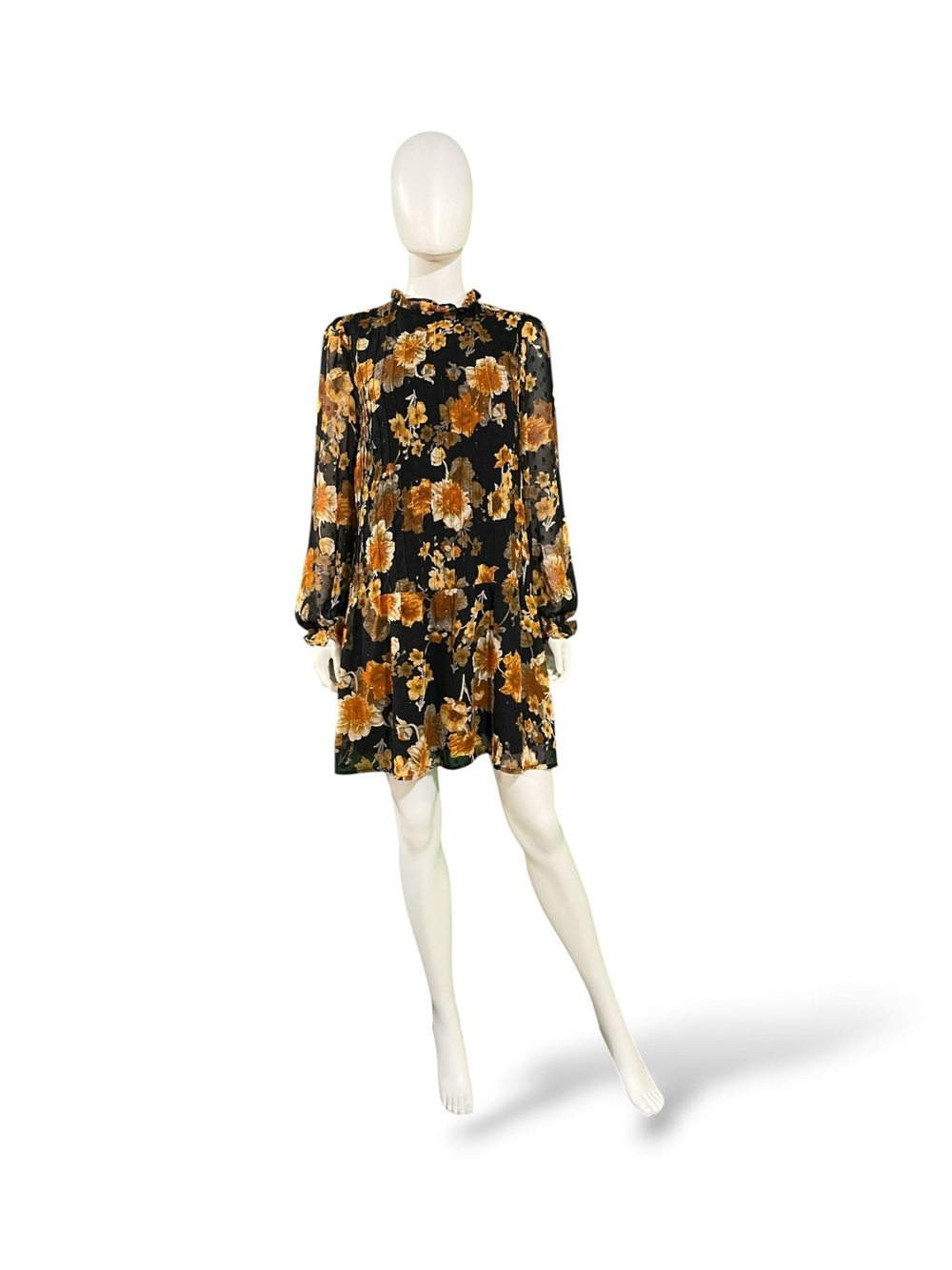 Melloday Black and Orange Floral Long-Sleeve Shift Dress, Small